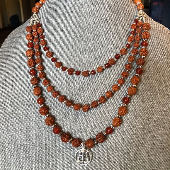 Rudraksha Beads with sterling silver trident and carnelian beads  100.00 - Picture 3 of 16